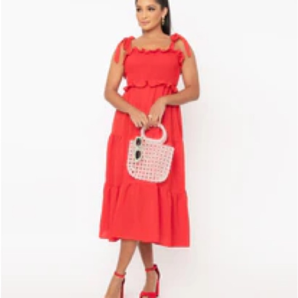 Red Smocked Tier Midi Dress
